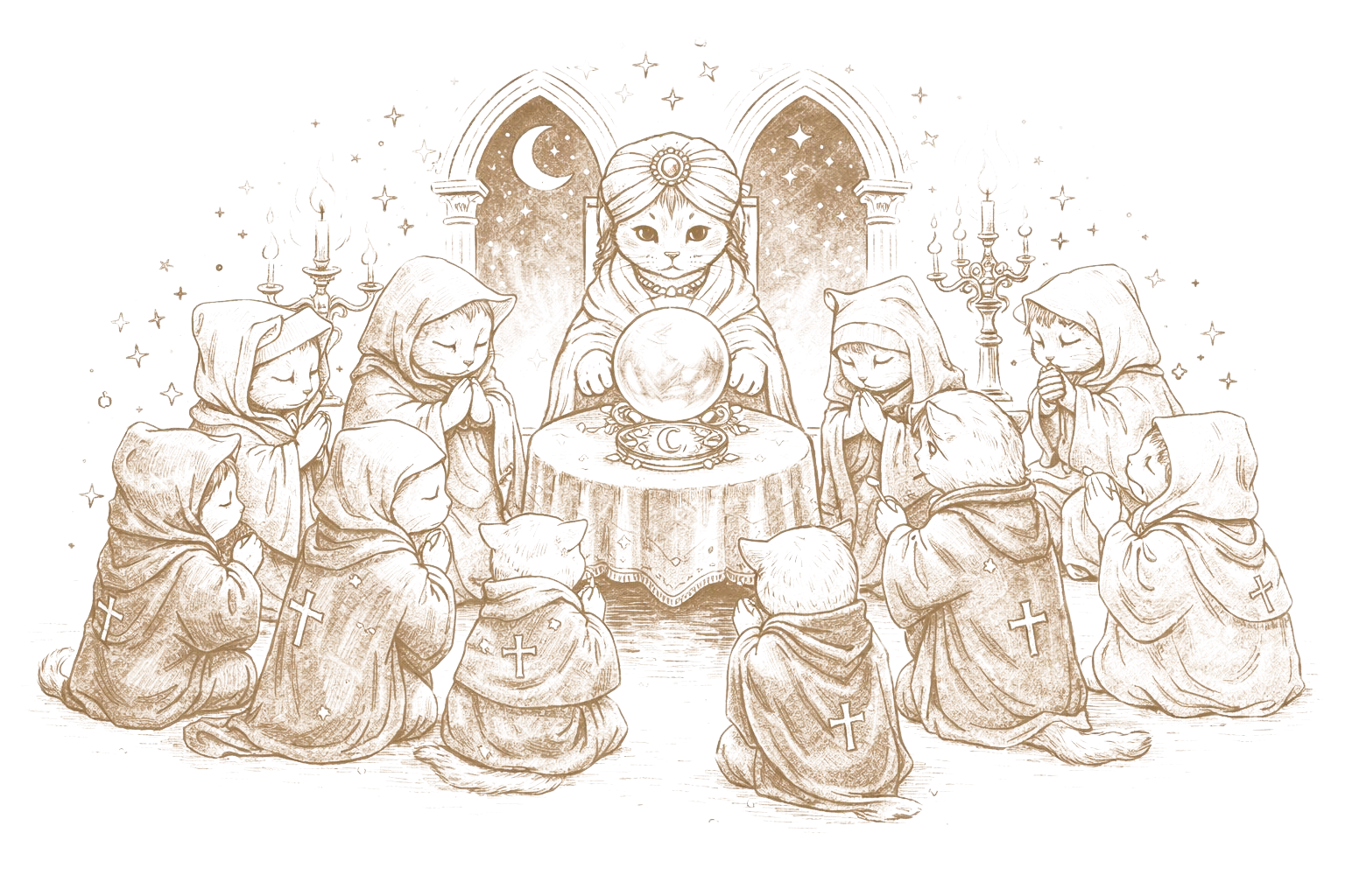 Illustration of cat spirits in ceremony around a crystal ball
